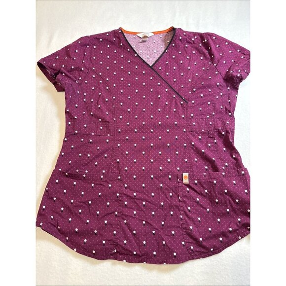 Womens Code Happy Scrub Top Ladies Size Medium Purple WPolka Dots 2 Pockets - Picture 2 of 9